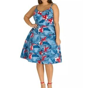 City Chic Plus Size Love Hawaii Piped Tropical Print Dress Blue Large US 20 W2